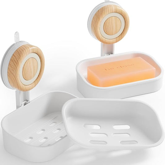 Double Layer Soap Dish for Shower 2 Pack, Wall Mounted Bar Soap Holder Suction Cup 2 Layer Self Draining Soap Case Sponge Holder for Shower Bathroom, Tub and Kitchen Sink, White