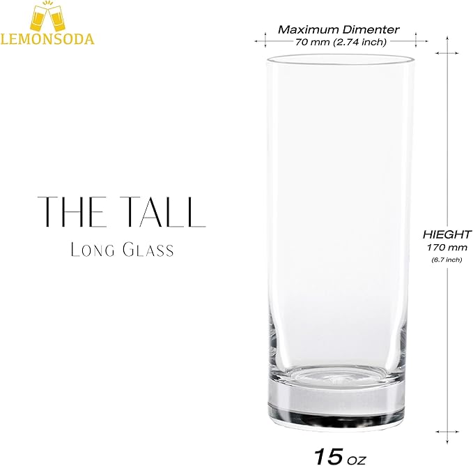 LEMONSODA Premium Highball 12oz/15oz Glass Sets - Elegant Tom Collins Glasses - Tall Water Drinking Glasses - Bar Glassware for Mojito, Whiskey, Cocktail (15oz, Set of 6)