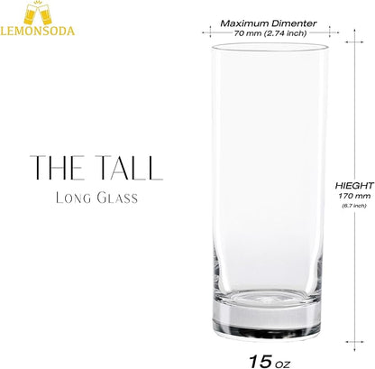LEMONSODA Premium Highball 12oz/15oz Glass Sets - Elegant Tom Collins Glasses - Tall Water Drinking Glasses - Bar Glassware for Mojito, Whiskey, Cocktail (15oz, Set of 6)