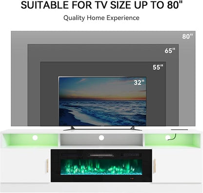 MXV 70" Fireplace TV Stand with Power Outlet for TVs UP to 80", Electric Fireplace Entertainment Center with LED Lights & Storage Cabinets, TV Console for Living Room, Office, White-Black