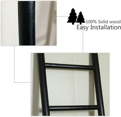 Wooden Blanket Ladder - 76in Natural & Motley Wood - Leaning Wall Decor for Bedroom, Bathroom, Living Room - Rustic Quilt Holder & Towel Rack (Black, 76in | Pre Assembled)