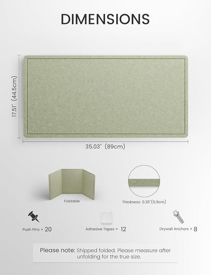 Fluxynara Bulletin Board, 35" x 17.5" Cork Board Alternative with 12 Safe Removable Adhesive Tabs, Foldable Felt Pin Board for Home Office, Classroom, Bedroom,Entryway for Walls— Sage