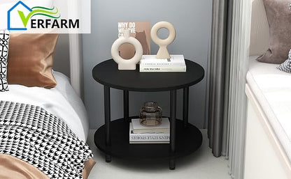 23.6" Round Coffee Table, 2-Tier Small Circle Coffee Table with Storage, Modern Center Accent Table with Metal Frame, Side Table End Table for Small Space, Living Room, Office, Black