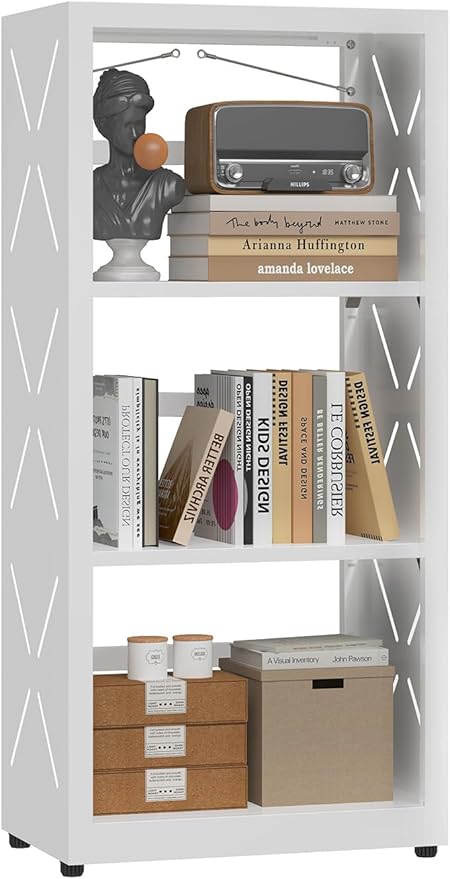 METALOONG 3 Tier Bookshelf, Adjustable Metal Bookcase with Anti-Tip Kit & Leveling Feet, Heavy-Duty Metal Storage Organizer, Modern Corner Shelves for Living Room, Kitchen, Office
