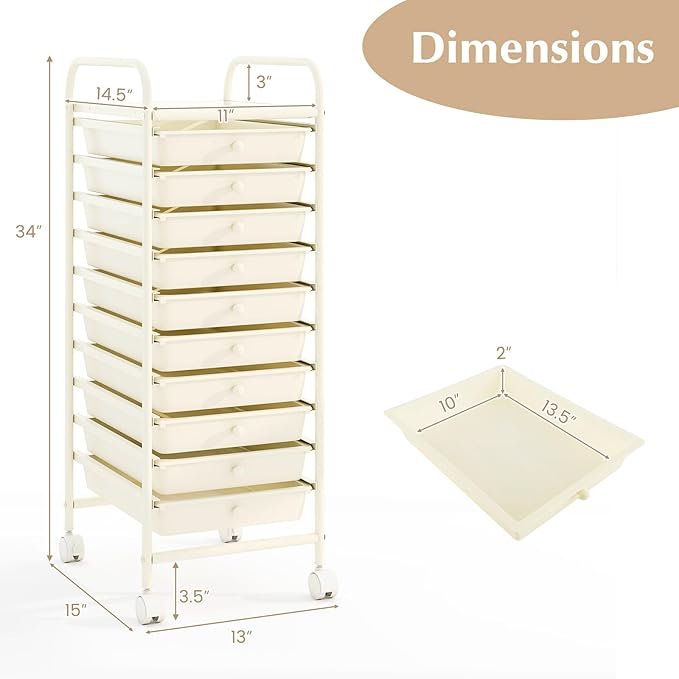 RELAX4LIFE 10 Drawer Rolling Cart - Slim Storage Cart w/Lockable Wheels for Classroom School Teacher Office, Art Supplies Paper Scrapbook Craft Organizers, Utility Cart with Drawers (White)