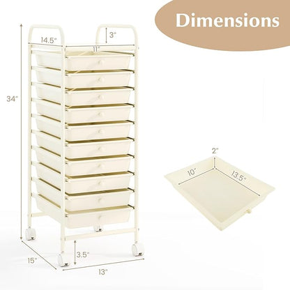 RELAX4LIFE 10 Drawer Rolling Cart - Slim Storage Cart w/Lockable Wheels for Classroom School Teacher Office, Art Supplies Paper Scrapbook Craft Organizers, Utility Cart with Drawers (White)