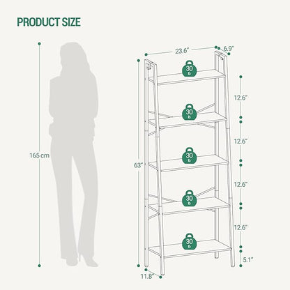 Ladder Shelf, Bookshelf Bookcase, Freestanding Corner Storage Shelve with 2 Hooks for Home Office, Living Room, Kitchen, Bedroom, Industrial, 11.8" D x 23.6" W x 63" H, Rustic Brown BC19301B