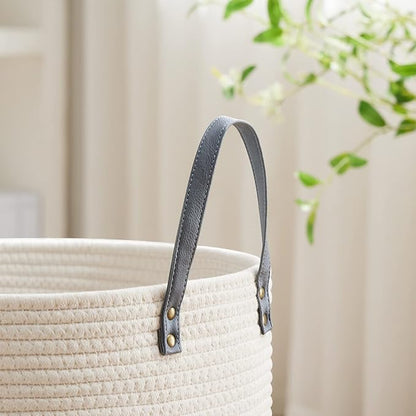 VIPOSCO Tall Laundry Basket, Large Dirty Clothes Hamper with Leather Handle, Woven Rope Storage Basket for Blanket, Toy In Living Room, Bathroom, Bedroom - 58L Grey & White
