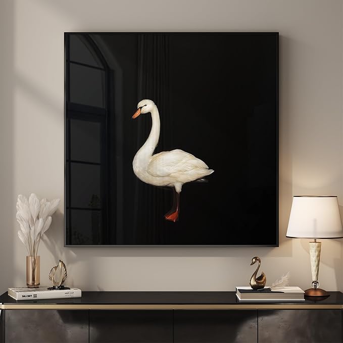 Framed Black and White Modern Wall Art, 1 Piece Square Bird Wall Art Prints Paintings Artwork for Walls, Contemporary Minimalist Swan Pictures for Dining Bedroom Bathroom Lounge Hallway Decor 24x24 In