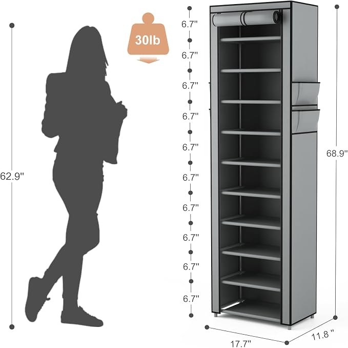 VTRIN Vertical Narrow Shoe Rack Organizer Tall Shoe Rack for Closet Entryway 10 Tier Non-Woven Cover Shoe Shelf Holds 20-22 Pairs Free Standing Shoe Storage Cabinet with Dustproof Cover, Grey