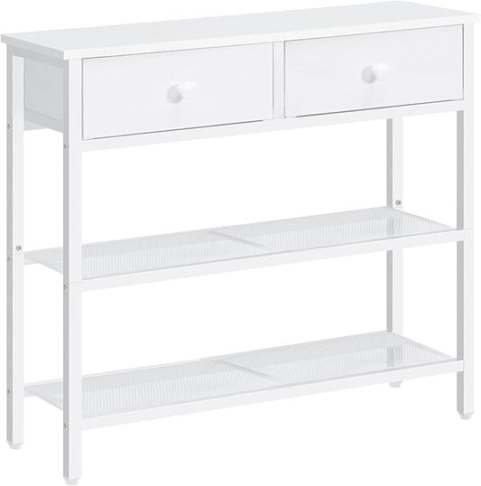 HOOBRO 29.5" Narrow Console Table with 2 Fabric Drawers, Sofa Table, Small Entryway Table with 3-Tier Storage Shelves, Behind Couch Table, for Living Room, Hallway, White WW72XG01G1