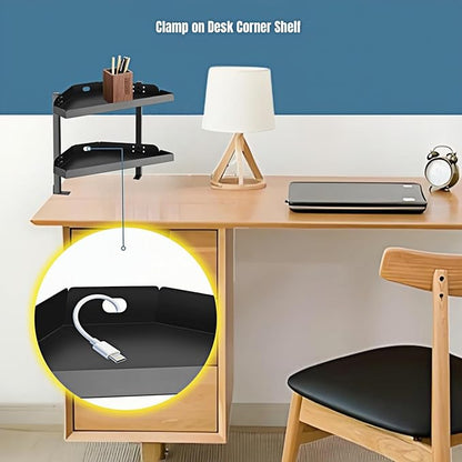 Yuxh Clamp On Desk Corner Shelf 2 Tier Cilp Under Table Corner Organizer, Black-M, 16 inch