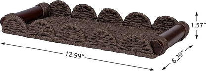 CubesLand Bathroom Toilet Paper Tray Organizer, Scalloped Decorative Tray w/Wood Handle for Counter, Shelves, Wicker Tray for Farmhouse Rustic Home Decor, Coffee Table Decor, Seasonal Decor, Brown