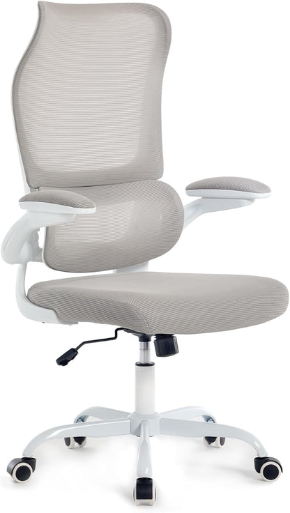 Ergonomic Office Chair, High Back Breathable Mesh Computer Desk Chair with Adjustable Lumbar Support and Flip-Up Armrests, 300LB Capacity Executive Swivel Task Gaming Seat for Home and Office (White)