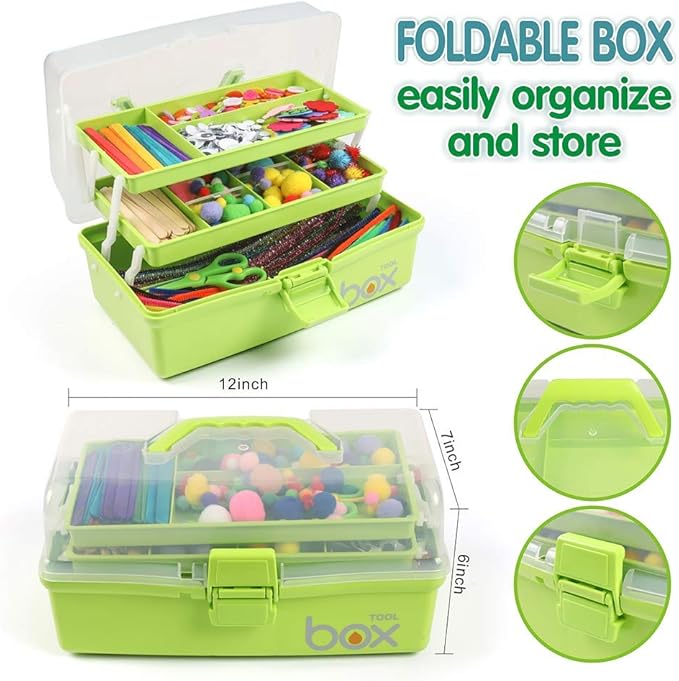 TERGOO 12in 3-Layer Plastic Craft Organizers and Storage, Portable Folding Tackle Box with Handle & Adjustable Dividers, Multipurpose Case for Sewing, Art Supplies, Medicine, Tools (Green)
