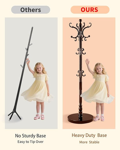 Wooden Coat Rack Freestanding, Solid Wood Coat Rack Stand with 14 Hooks, Vintage Heavy Duty Standing Coat, Sturdy Jacket Hanger Tree Stand for Corner, Office, Entryway