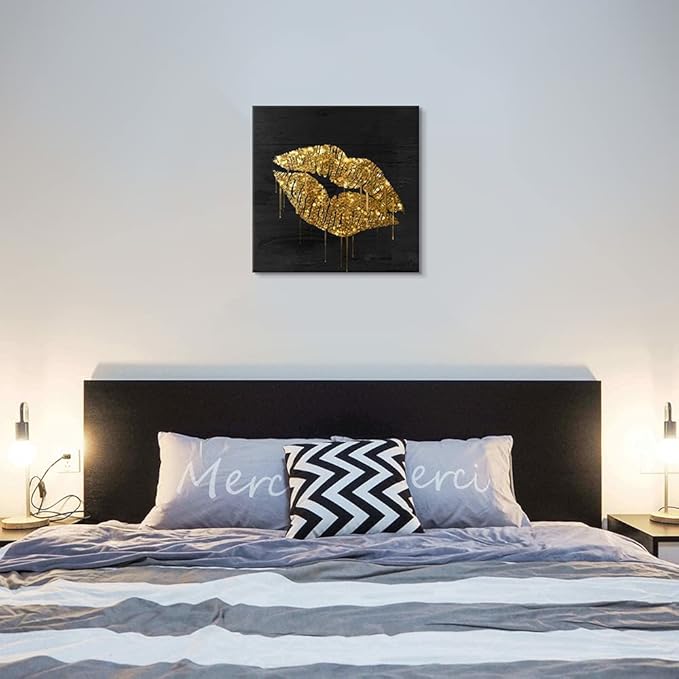 Black and Gold Lip Canvas Wall Art Gold Wall Decor Fashion Glam Poster Kiss Picture for Bedroom Bathroom Wall Decoration Ready to Hang 20x20Inch