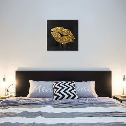 Black and Gold Lip Canvas Wall Art Gold Wall Decor Fashion Glam Poster Kiss Picture for Bedroom Bathroom Wall Decoration Ready to Hang 20x20Inch