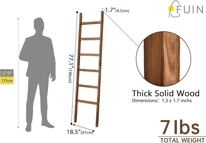 FUIN 6.4ft Extra Wide Wooden Blanket Ladder Living Room Decorative Wal Leaning Farmhouse Quilt Display Holder Rustic Wood Towel Rack for Bathroom, Brown, 18.5 inch Wide