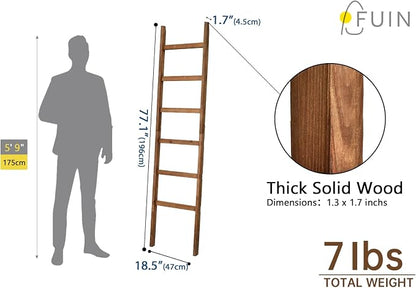 FUIN 6.4ft Extra Wide Wooden Blanket Ladder Living Room Decorative Wal Leaning Farmhouse Quilt Display Holder Rustic Wood Towel Rack for Bathroom, Brown, 18.5 inch Wide