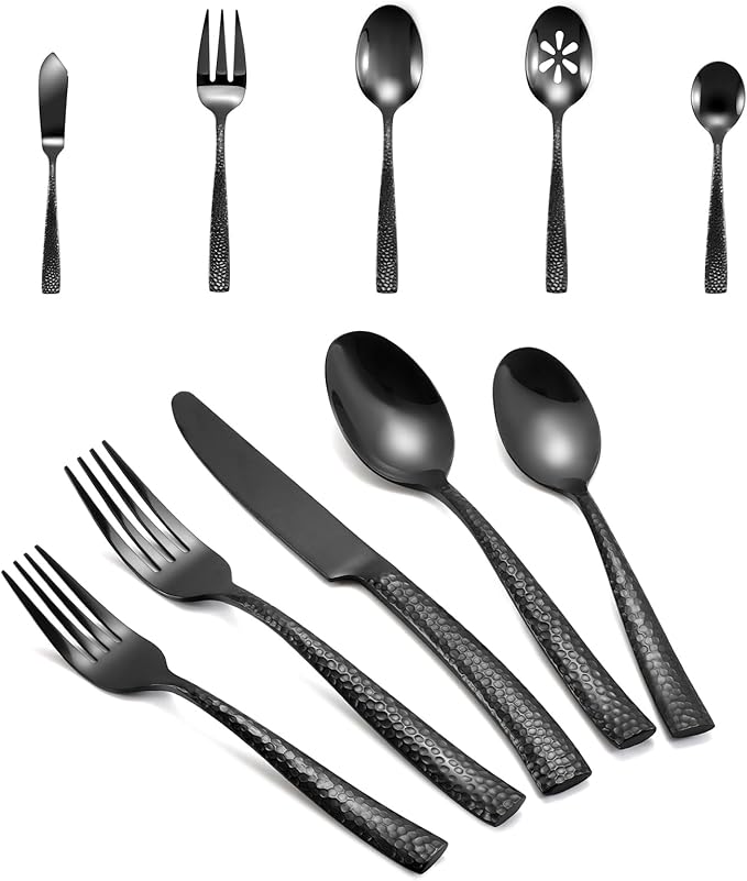 Kelenfer Silverware 45-Piece Black Hammered Flatware Set with Serving Utensils Stainless Steel Thick Handle Mirror Polished Cutlery Set for Wedding Hotel Restaurant, Service for 8