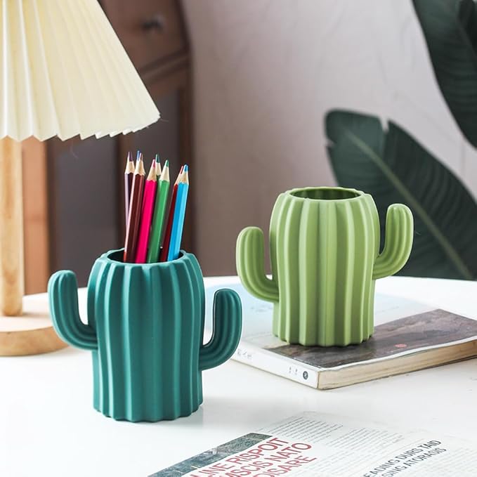 Silicone Pen Holder Cactus Pencil Holder Cute Pens Cup for Desk for Kids Office Decor Desk Accessories Pen Pot Desk Organizer (Dark Green,2 Pack)