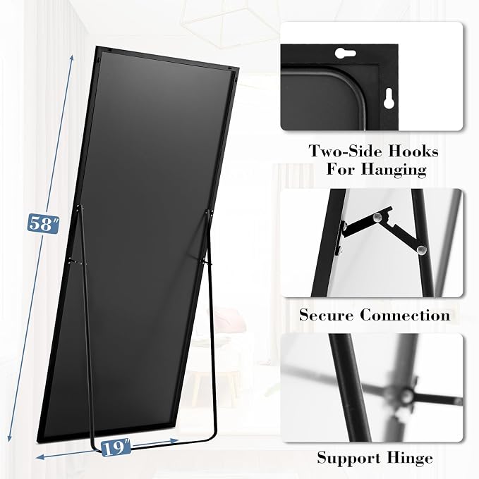 NEWBULIG Mirror Full Length, 58"x19" Body Wall Mirrors with Shatter-Proof Glass, Upgraded Floor Standing Mirror, Hanging or Leaning, with Stand Aluminum Alloy Frame for Home Decor, Bedroom, Black