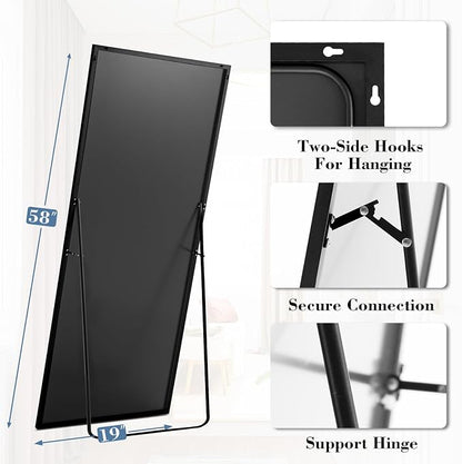 NEWBULIG Mirror Full Length, 58"x19" Body Wall Mirrors with Shatter-Proof Glass, Upgraded Floor Standing Mirror, Hanging or Leaning, with Stand Aluminum Alloy Frame for Home Decor, Bedroom, Black