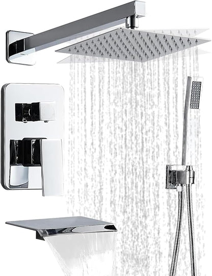Chrome Shower Faucet Set with Tub Spout 8 Inch, Shower Head and Handle Set with 2 Hooks, Tub and Shower Faucet Combo, Rain Shower and Handheld Shower System Square Wall Mount for Bathroom