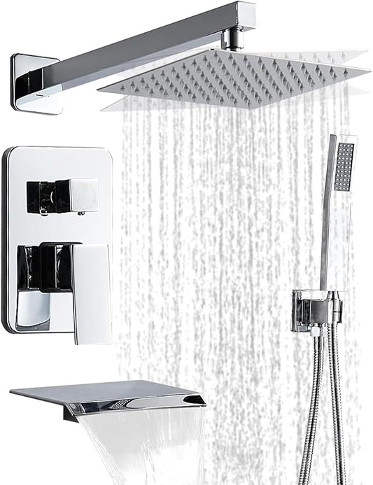 Chrome Shower Faucet Set with Tub Spout 8 Inch, Shower Head and Handle Set with 2 Hooks, Tub and Shower Faucet Combo, Rain Shower and Handheld Shower System Square Wall Mount for Bathroom