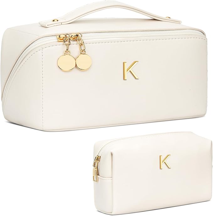 Valentines Day Gifts for Women Teen Girl, Personalized Initial Makeup Organizer Bag Set, Open Flat Travel Cosmetic Bag With Clear Divider and Handle(Large-Beige,K)