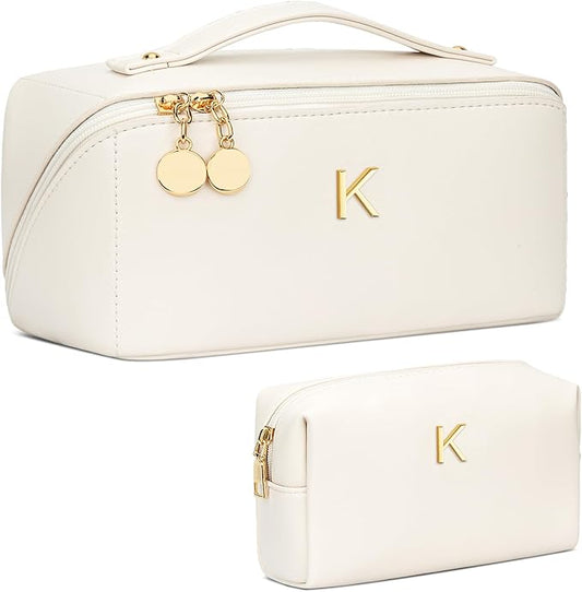 Valentines Day Gifts for Women Teen Girl, Personalized Initial Makeup Organizer Bag Set, Open Flat Travel Cosmetic Bag With Clear Divider and Handle(Large-Beige,K)