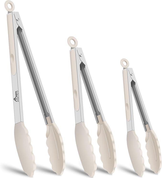 HOTEC Premium Stainless Steel Locking Kitchen Tongs with Silicon Tips, Set of 3-7", 9" and 12" (Khaki)