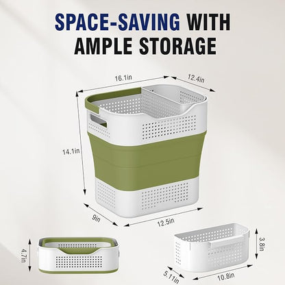 TECHMILLY Collapsible Plastic Laundry Basket Hamper with Handles, 35L Portable Rubber Clothes Basket, Pop Up Storage Container/Organizer with Hanging basket for Washing & Storage, Green