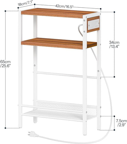 HOOBRO Small Narrow Side Table with Charging Station, Skinny End Table for Small Spaces, Slim Nightstand with USB Ports Outlet, Sofa Beside Table with Storage Shelf, White and Walnut WH102UBZ01