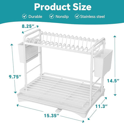 Simple Trending Dish Drying Rack, 2-Tier Dish Rack for Kitchen Counter, Large Dish Drainers Sink Organizers and Storage, White
