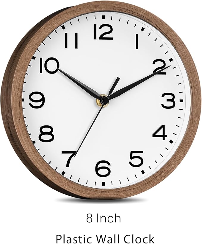 AKCISOT Wall Clock, Modern Small Wall Clocks Battery Operated 8 Inch, Silent Non-Ticking Analog Classic for Office, Home, Bathroom, Kitchen, Bedroom, School(Walnut Grain)