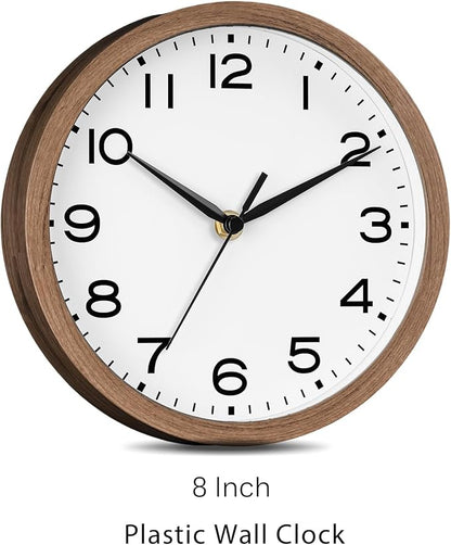 AKCISOT Wall Clock, Modern Small Wall Clocks Battery Operated 8 Inch, Silent Non-Ticking Analog Classic for Office, Home, Bathroom, Kitchen, Bedroom, School(Walnut Grain)
