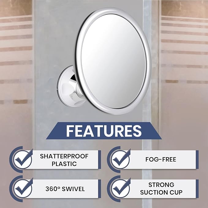 MIRRORVANA Anti Fog Mirror for Shower - Fogless, Shatterproof Shaving Mirror with 360° Swivel and Adjustable Suction Cup - 6.7" x 6.7" Round (Classic Chrome)
