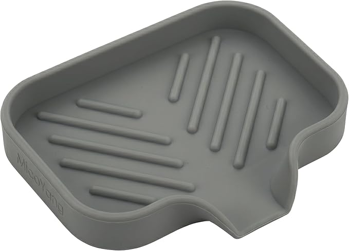 MicoYang Silicone Soap Dish with Drain Spout, Self-Draining Sink Organizer Tray for Bathroom and Kitchen, Sponges, Dispensers and Soap Holder, Non-Slip and Dishwasher Safe, Grey (Compact, 4.9"×3.2")