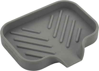 MicoYang Silicone Soap Dish with Drain Spout, Self-Draining Sink Organizer Tray for Bathroom and Kitchen, Sponges, Dispensers and Soap Holder, Non-Slip and Dishwasher Safe, Grey (Compact, 4.9"×3.2")