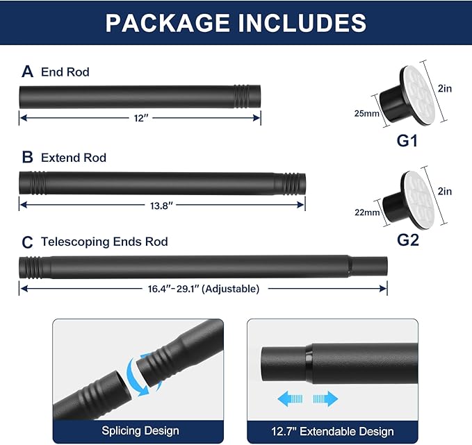 No Drilling Closet Rod, 27.5-94 Inches Hanging Closet Rod for Clothes, Closet Bar & Pole Heavy-duty, Closet Rods for Hanging Clothes For Closet Wardrobes Bathroom Laundry RV Curtains,Black