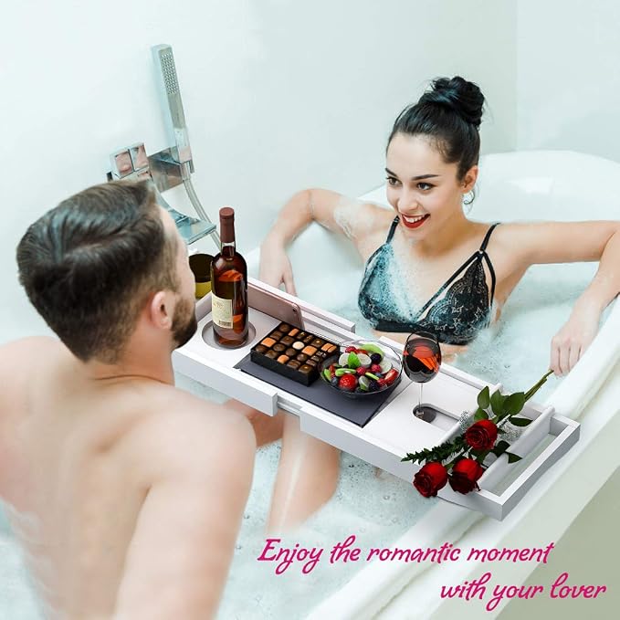 Bathtub Caddy Tray for Luxury Bath - Bamboo Waterproof Expandable Bath Table Over Tub with Wine and Book Holder and Free Soap Dish (White)