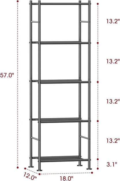 Sakugi Storage Shelves - 5 Tier Shelf Organizer, Sturdy Metal Garage Shelving with Adjustable Leveling Feet, Space-Saving Shelves Organizer for Pantry, Laundry, Kitchen (18" x 12" x 57", Black)