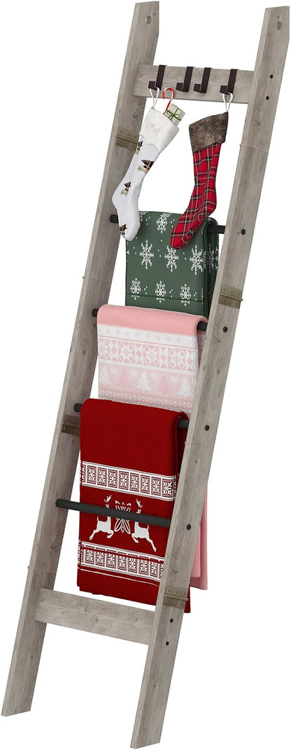 Hzuaneri Blanket Ladder for Living Room, Decorative Quilt Rack with 4 Removable Hooks, 6-Tier Farmhouse Ladder Holder Shelf Organizer for Bedroom, Greige and Black BR31505B
