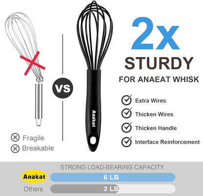 Anaeat 9" Silicone Balloon Whisk, Perfect for Non-Stick Cookware, Milk and Egg Beater Blender, Heat Resistant Kitchen Whisks for Whisking, Cooking, Baking, Beating, Frothing & Stirring (Black)