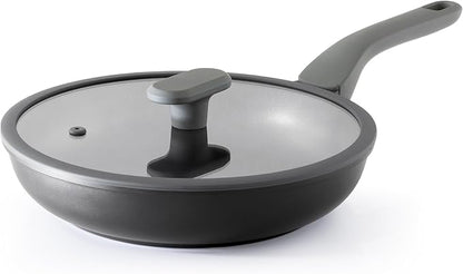 PRICUSIS Nonstick Frying Pan with Lid, 8/10 Inch Skillet with Stay Cool Handle, Fully Coated, Induction Compatible & Oven Safe, 100% Dishwasher Safe, PTFE & PFOA Free（8 Inch, Black Sesame）