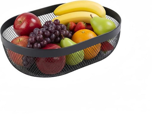 XIKEMADI Oval Metal Mesh Basket - Elegant Multi-Purpose Kitchen Fruit & Snack Storage Organizer, Ideal for Countertop, Entertaining & Gift Giving (Black)