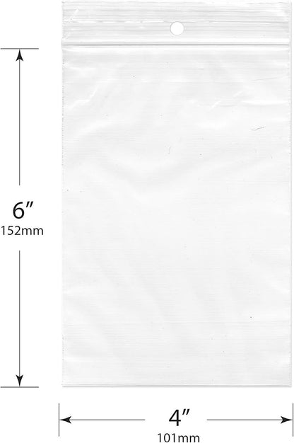Plymor 4" x 6" (Pack of 100), 2 Mil with Hang-Hole Zipper Reclosable Plastic Bags