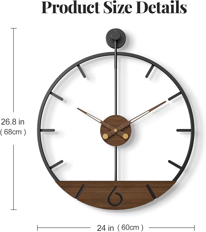 Modern 24 Inch Wall Clock, Minimalist Wood and Metal Wall Decor Clock with Walnut Dial, Silent Non Ticking Battery Operated Clock for Living Room, Kitchen, Office, Bedroom